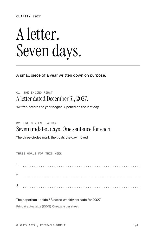 The printable sample: A letter. Seven days. With room for three goals for the week.