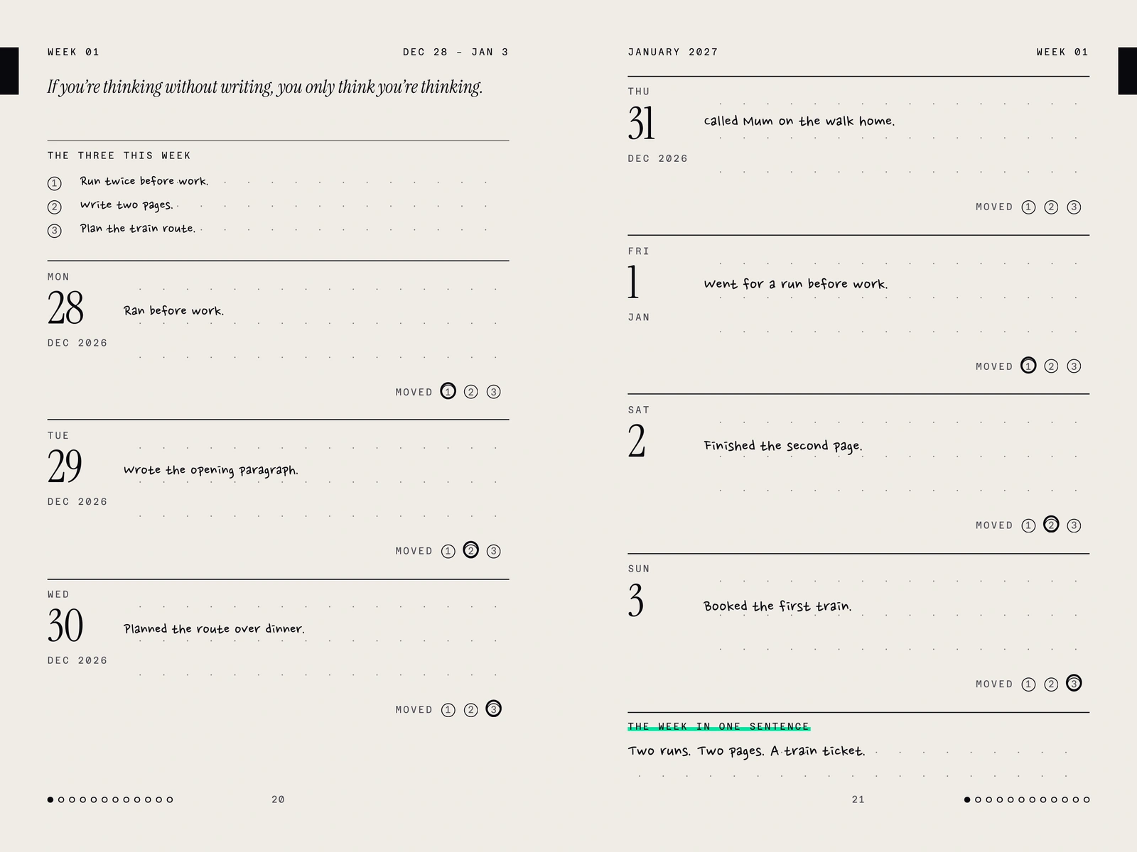 Actual Week 1 pages with illustrative daily sentences and marked goal circles